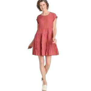 Knox Rose Women SZ M Ruffle Short Sleeve Tiered Mini Dress Rust Pink Rayon Blend